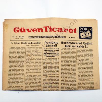Güven Ticaret Gazetesi, 5 Temmuz 1950 Berber, Poker Play Jilet reklamlı - Efemera
