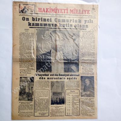 Hakimiyeti Milliye gazetesi, 29 Birinci Teşrin 1934 29 Ekim gazeteleri Haliyle - Efemera