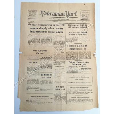 Kahraman Yurt gazetesi, 9 Şubat 1959 Kahramanmaraş - Efemera