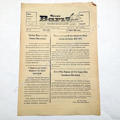 Tavas Barış gazetesi, 21 Şubat 1968 Denizli, Tavas - Efemera